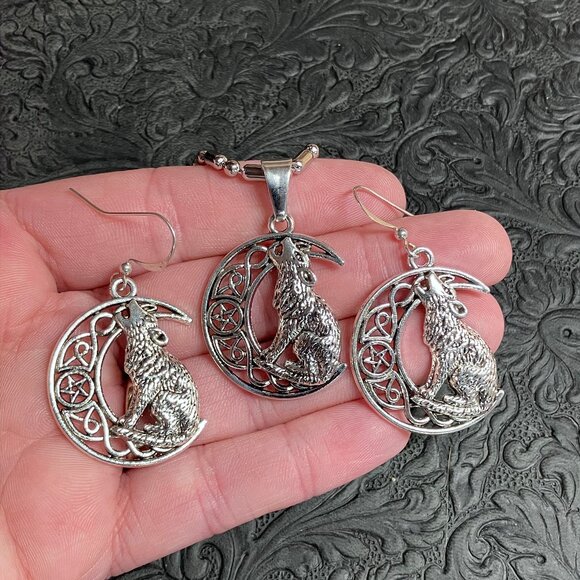 Celtic Witchy Wolf and Crescent Moon Necklace and Earrings Jewelry Set - Picture 3 of 7